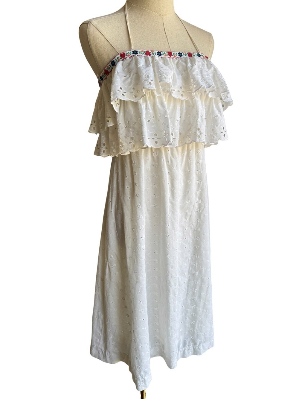 Vintage Eyelet Lace Sundress Girls XS White Sleeveless Ruffle Summer Dress
